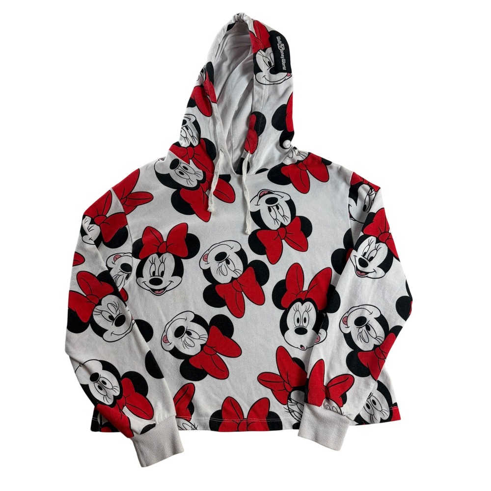 Walt Disney World Minnie Mouse AOP Cropped Hoodie Womens M Red White Black